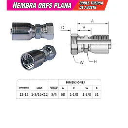 Conector Hidraulico Hembra ORFS 1-3/16 x 12 Doble Tuerca 