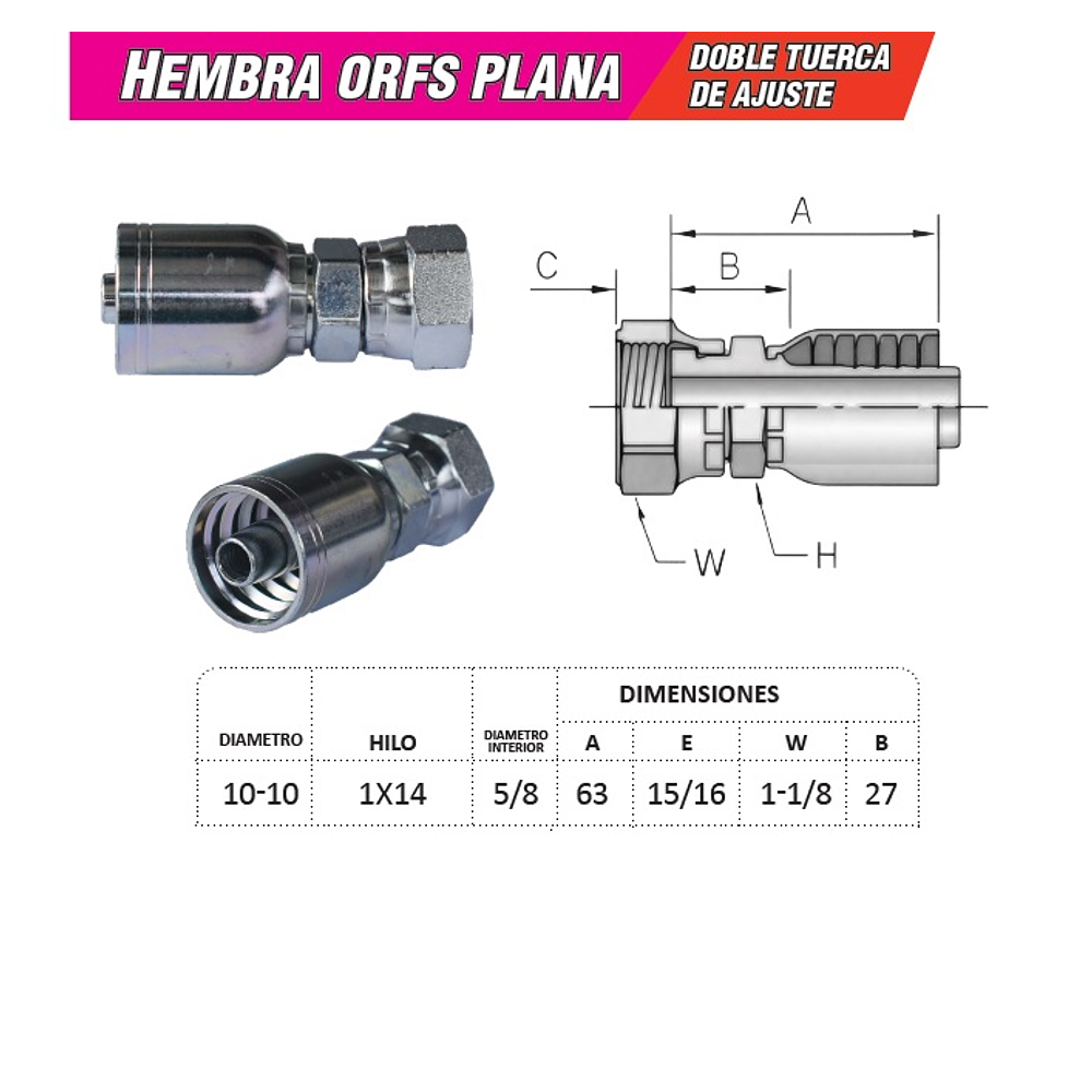 Conector Hidraulico Hembra ORFS 1x14  Doble Tuerca
