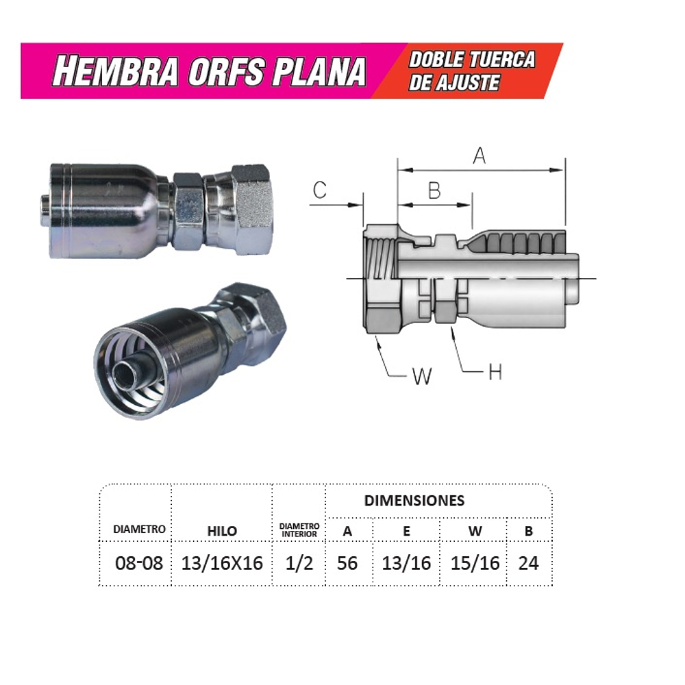 Conector Hidraulico Hembra ORFS 13/16 x 16  Doble Tuerca