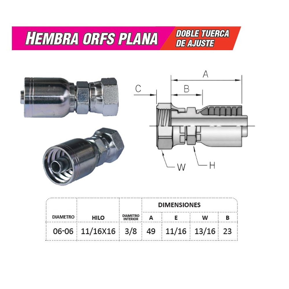 Conector Hidráulico Hembra ORFS 11/16 x 16  Doble Tuerca