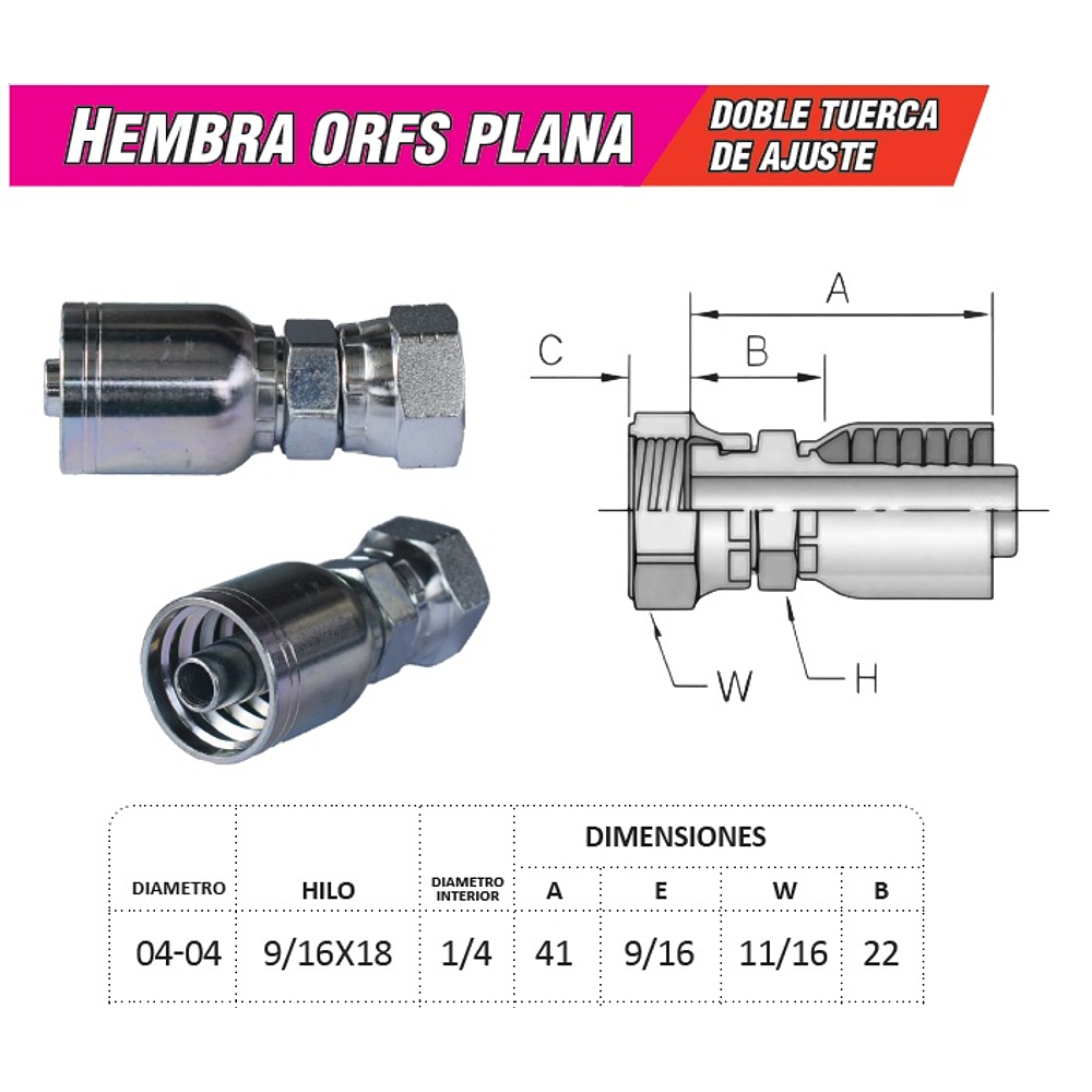 Conector Hidráulico Hembra ORFS 9/16 x 18  Doble Tuerca