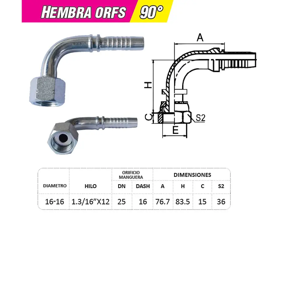 Conector Hidráulico Hembra ORFS 1.3/16 x 12