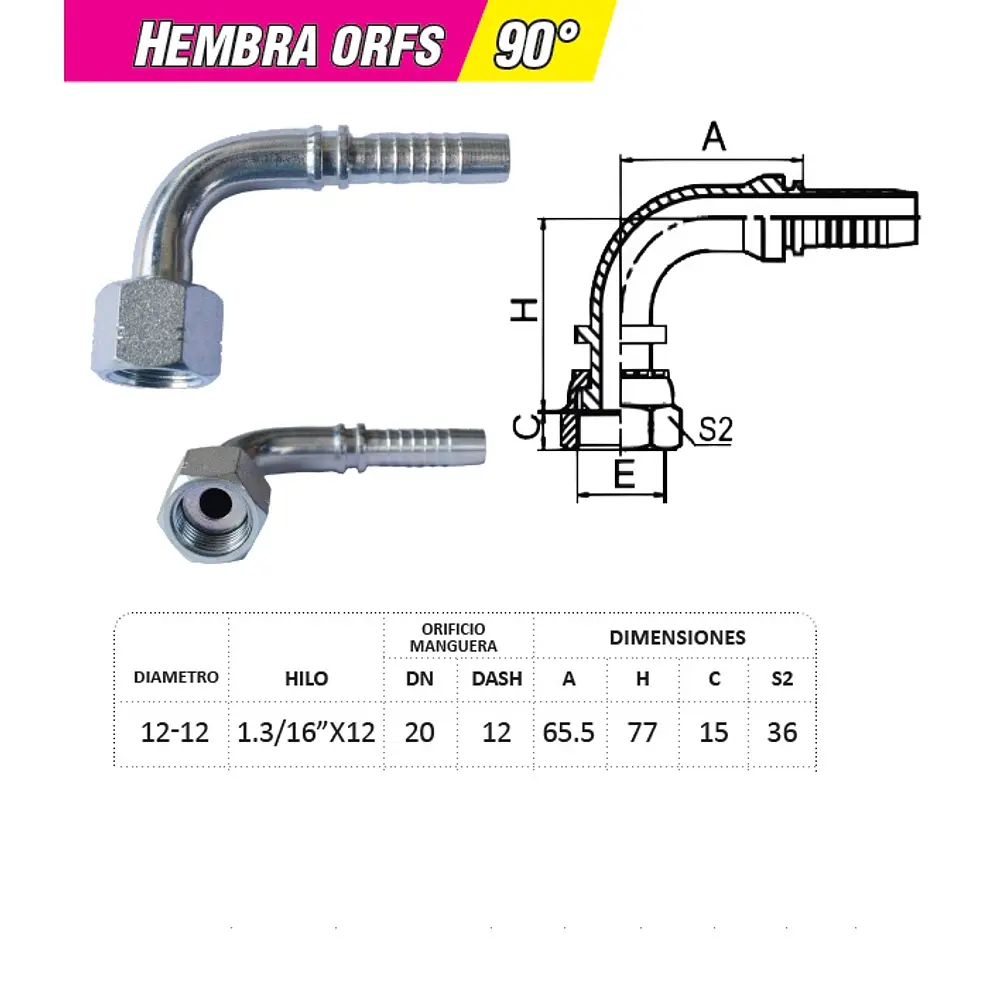 Conector Hidráulico Hembra ORFS 1.3/16 x 12 corto