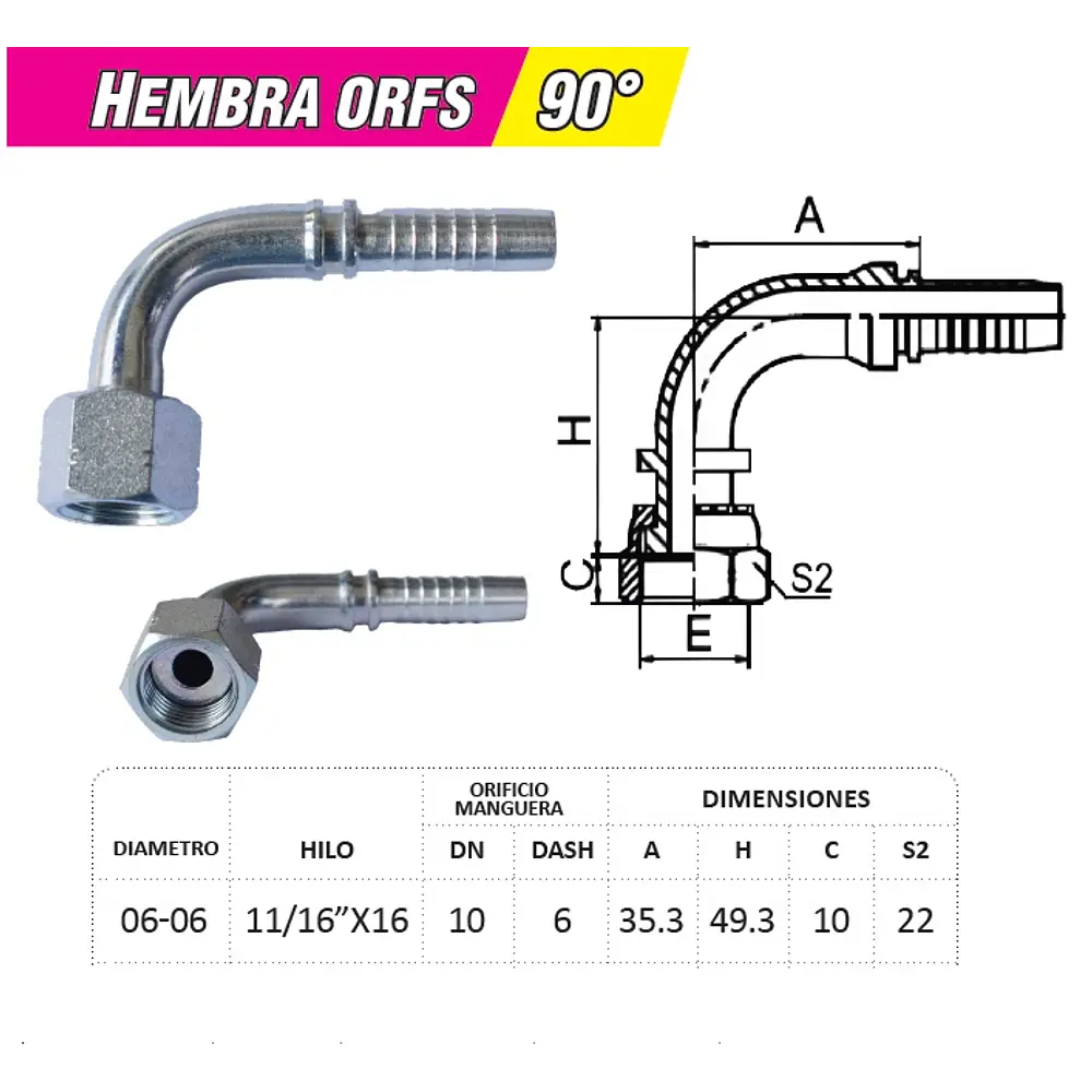 Conector Hidráulico Hembra ORFS 11/16 x 16