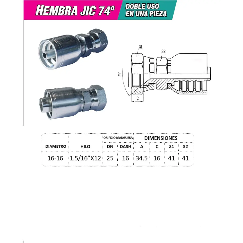 Conector Hidraulico 1.1/16 x 12 Hembra Jic 74 Grados