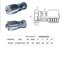 Conector Hidraulico 1.1/16 x 12 Hembra Jic 74 Grados