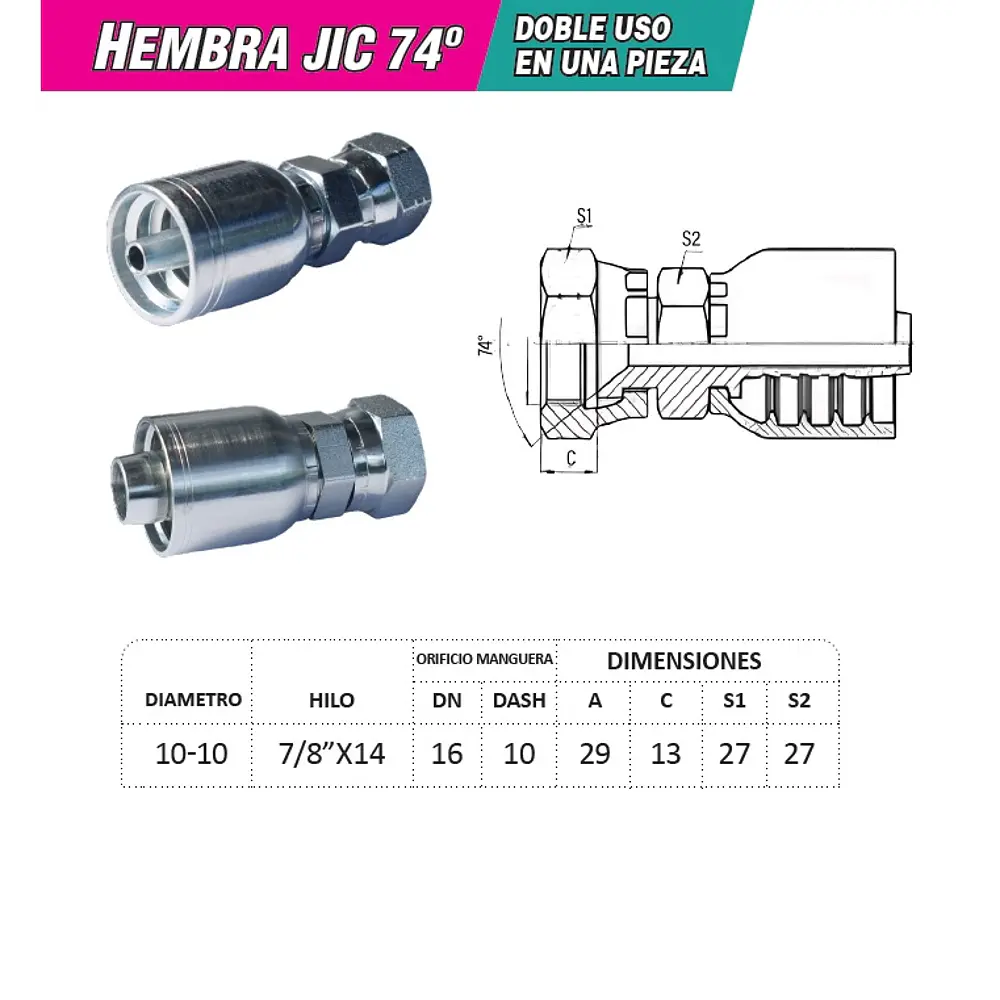 Conector Hidraulico 7/8 x 14 Hembra Jic 74 Grados