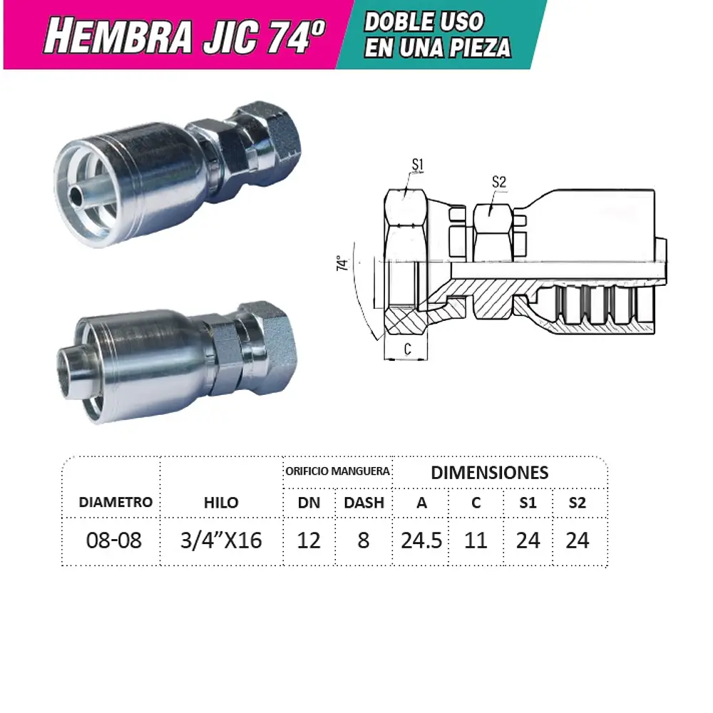 Conector Hidráulico 3/4 x 16 Hembra Jic 74 Grados