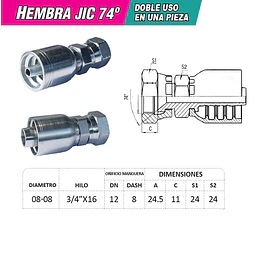 Conector Hidráulico 3/4 x 16 Hembra Jic 74 Grados