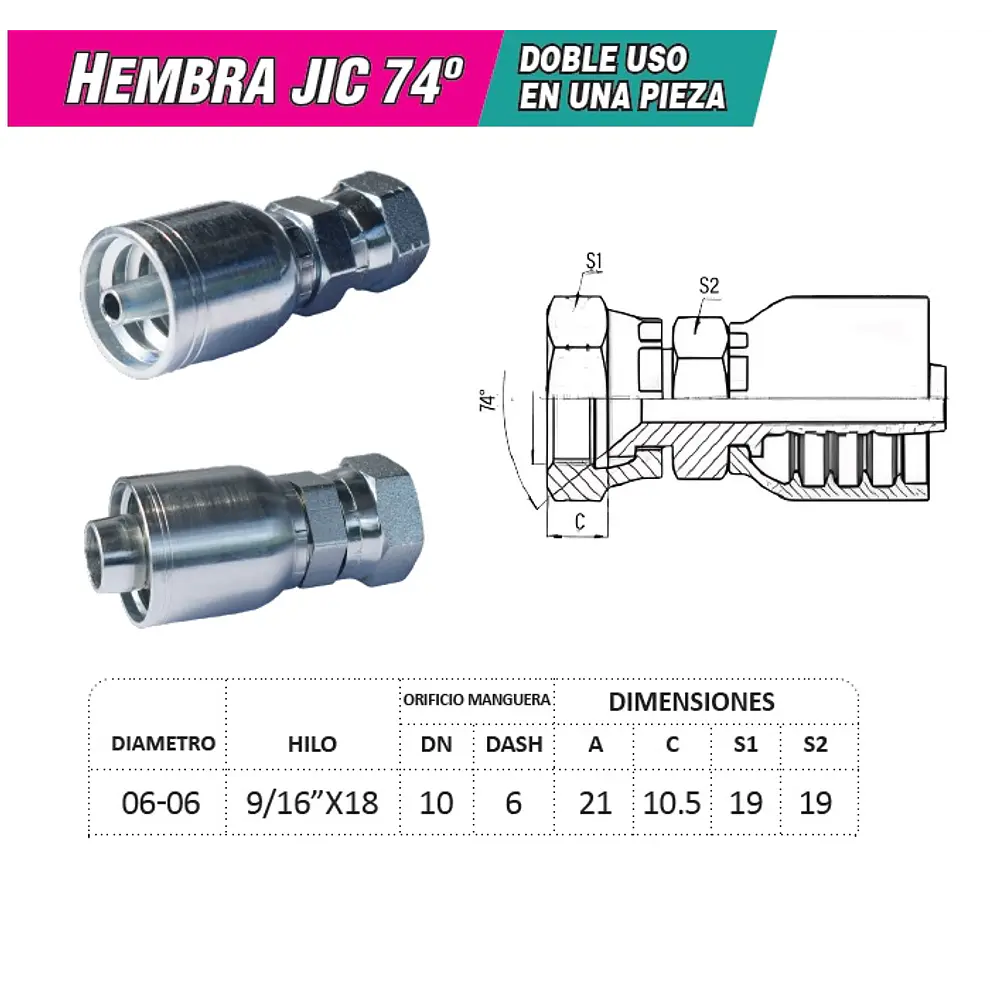 Conector Hidráulico 9/16 x 18 Hembra Jic 74 Grados