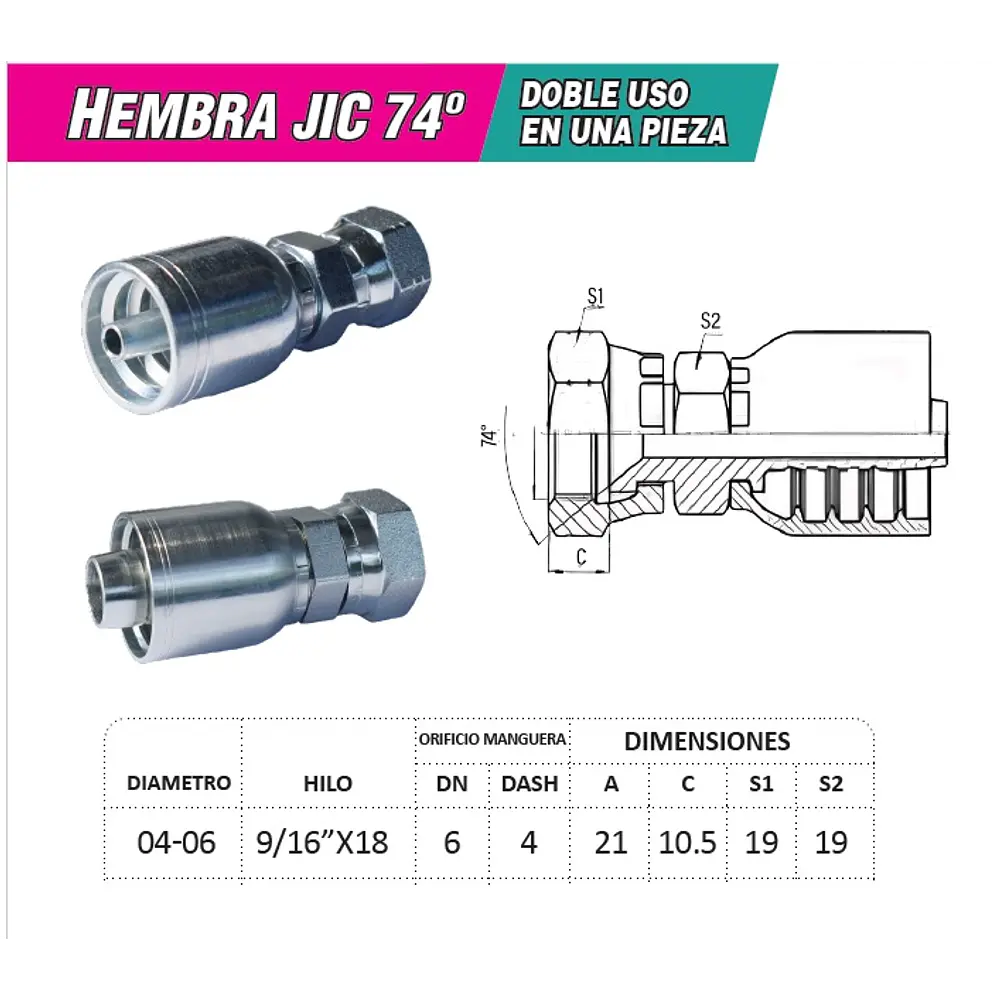 Conector Hidráulico 9/16 x 18 Hembra Jic 74 Grados Corto