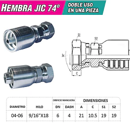 Conector Hidráulico 9/16 x 18 Hembra Jic 74 Grados Corto