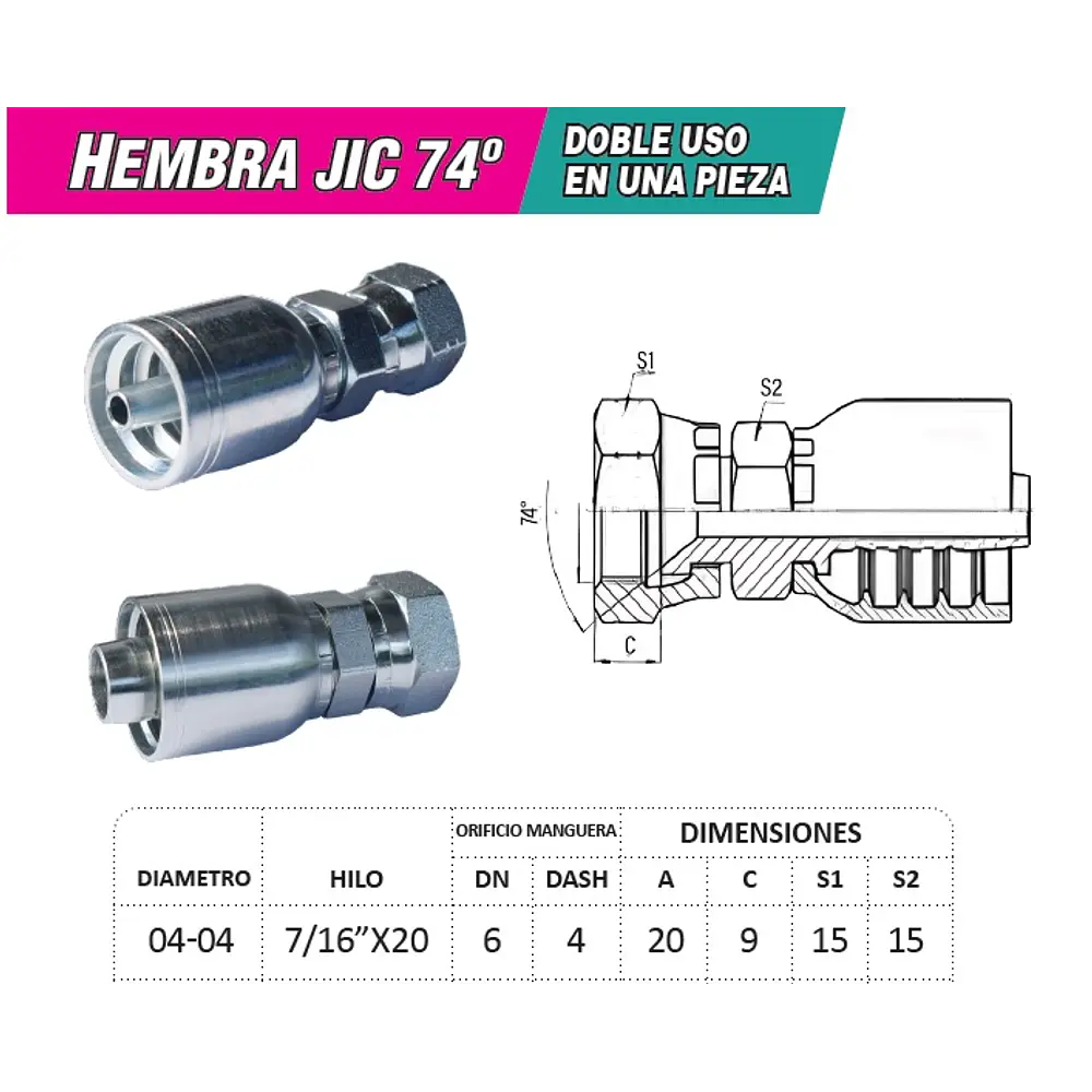 Conector Hidráulico 7/16 x 20 Hembra Jic 74 Grados