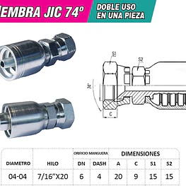 Conector Hidráulico 7/16 x 20 Hembra Jic 74 Grados