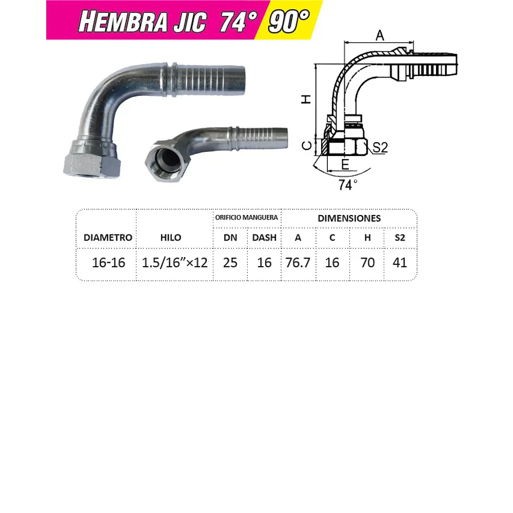 Conector Hidráulico 1.5/16 x 12 Hembra Jic 90 grados