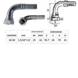 Conector Hidráulico 1.5/16 x 12 Hembra Jic 90 grados