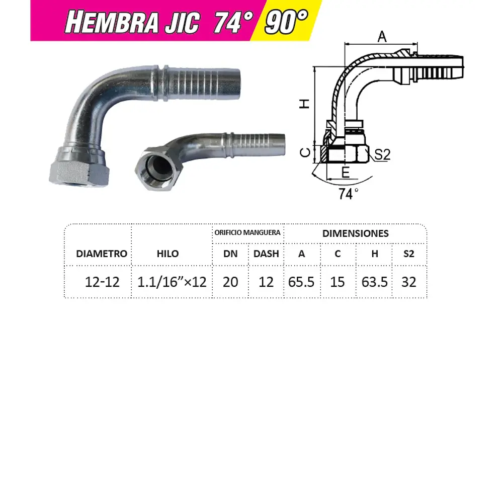 Conector Hidráulico 1.1/16 x 12 Hembra Jic 90 grados