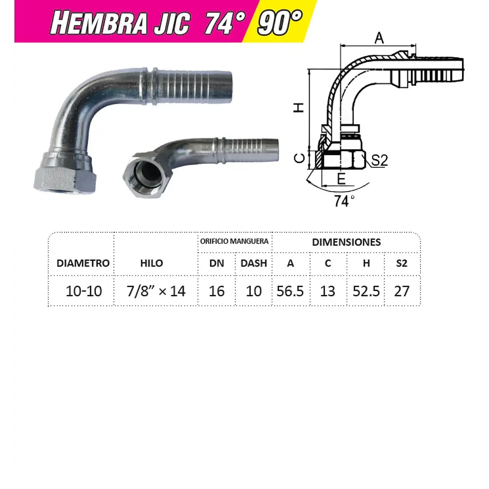 Conector Hidráulico 7/8 x 14 Hembra Jic 90 grados