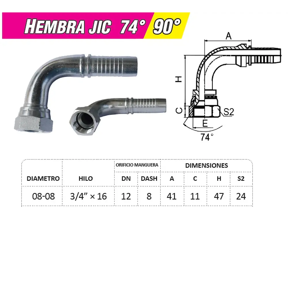 Conector Hidráulico 3/4 X 16 Corto Hembra Jic 90 Grados