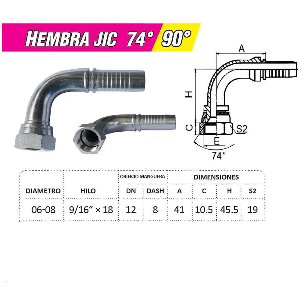 Conector Hidráulico 9/16 x 18 Hembra Jic 90 grados