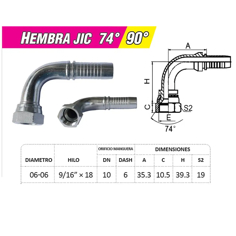 Conector Hidráulico 9/16 x 18 corto Hembra Jic 90 grados