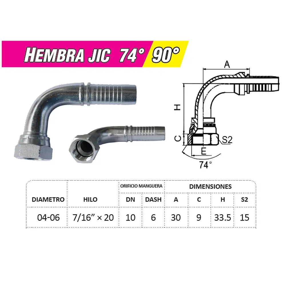 Conector Hidráulico 7/16 x 20 Hembra Jic 90 grados