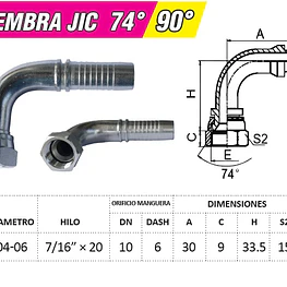 Conector Hidráulico 7/16 x 20 Hembra Jic 90 grados