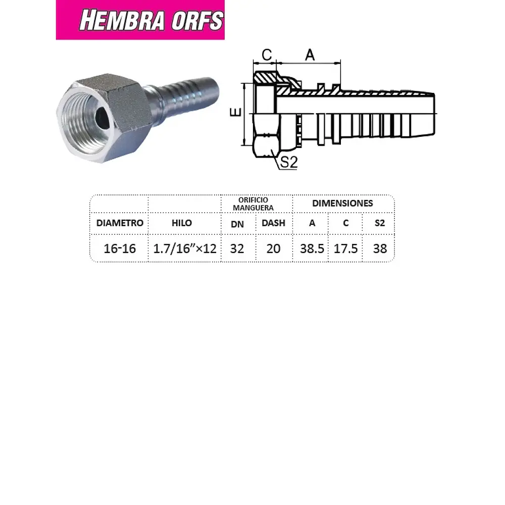 Conector Hidráulico ORFS 1.7/16 x 12 Hembra 