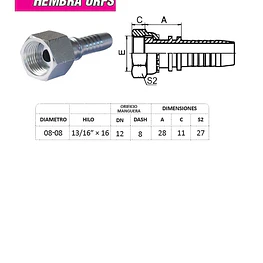 Conector Hidráulico ORFS 13/16 x 16 corto Hembra 