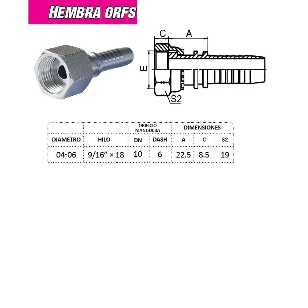 Conector Hidráulico ORFS 9/16 x 18 Hembra 