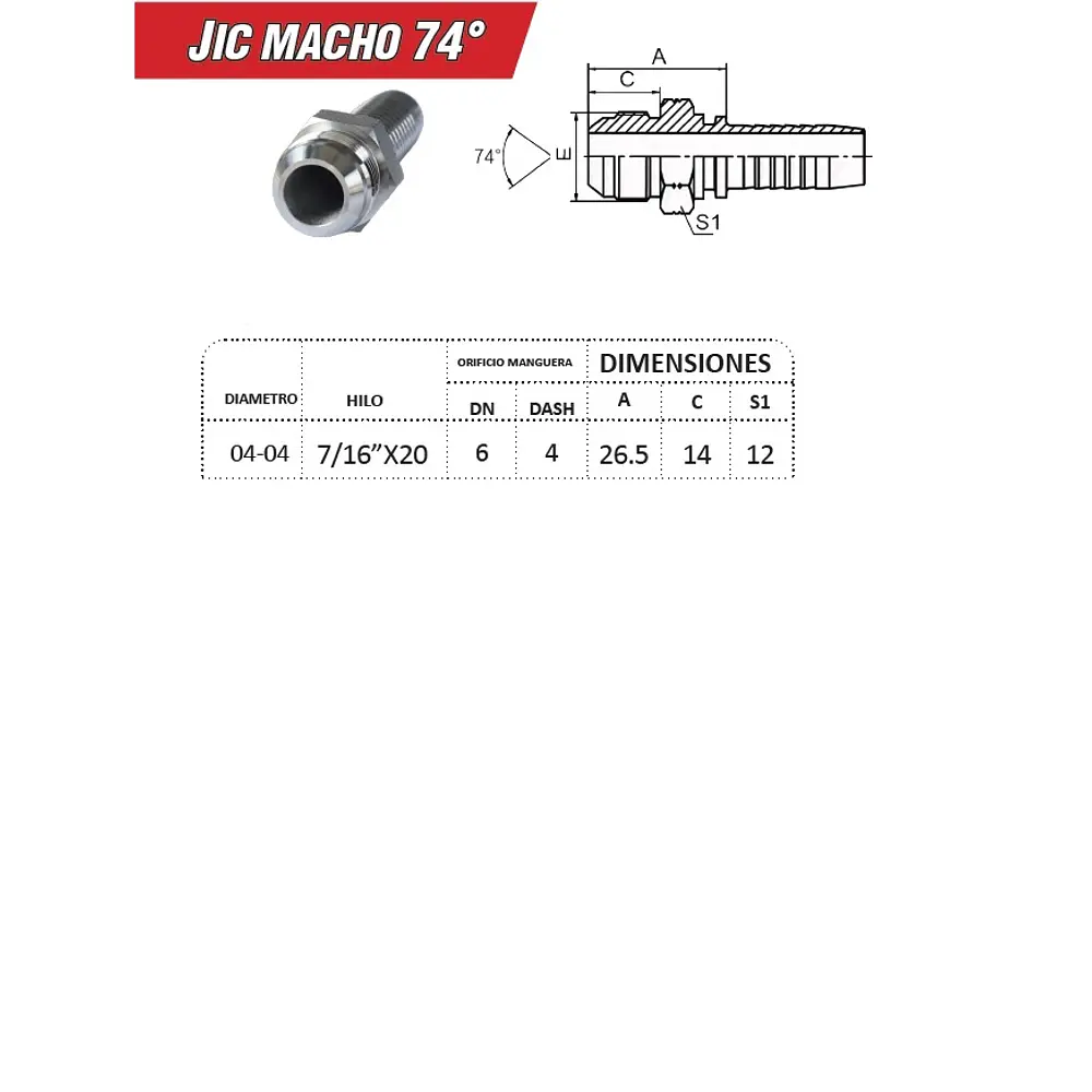 Conector Hidraulico 7/16 x 20 Hembra Jic 74