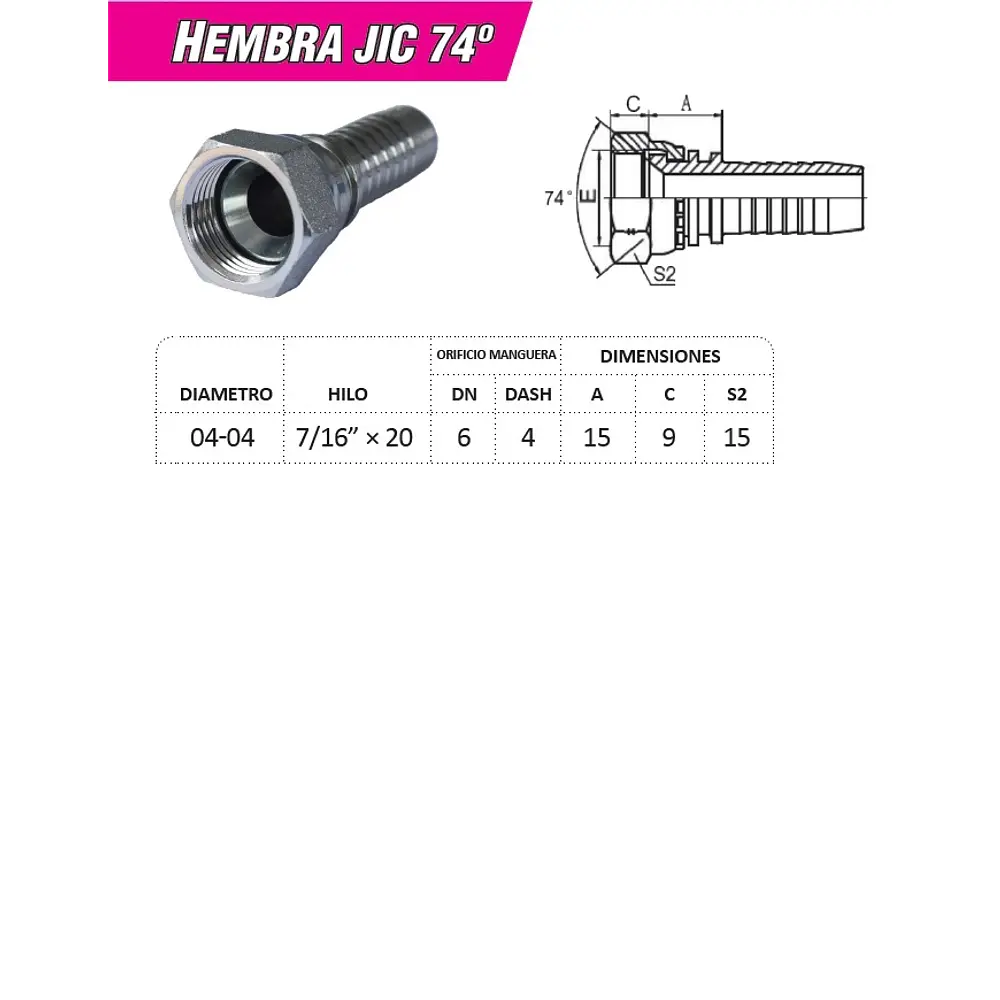 Conector Hidraulico 7/16 x 20 Corto Hembra Jic 74