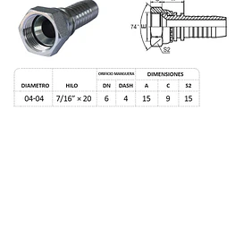 Conector Hidraulico 7/16 x 20 Hembra Jic 74