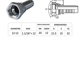 Conector Hidraulico 1.1/16 x 12 corto Hembra Jic 74
