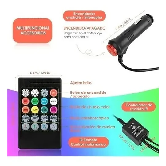 Tira De Luces Led Multicolor Para Interior De Auto 12v Rgb