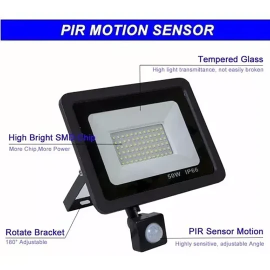Foco Led Exterior Con Sensor Movimiento Luz 50w Ip66