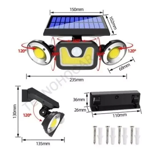 Foco Led Solar 3 Cabezas Giratorias Lupa Amplificada Sensor