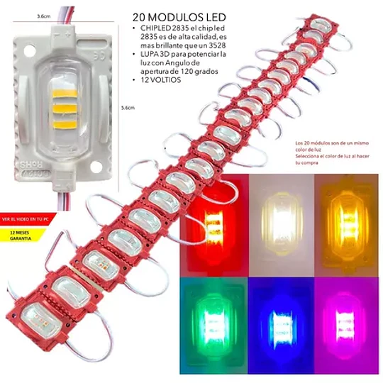 20 Módulos Led 12v o 24v 1,2w Luz Amarillo, Rojo, Verde, Azul, Rosado y Blanco