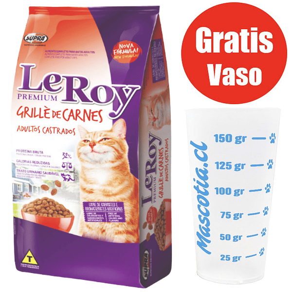 Gratis Vaso + Leroy Gato Castrado Carne 10 Kg Alimento Premium