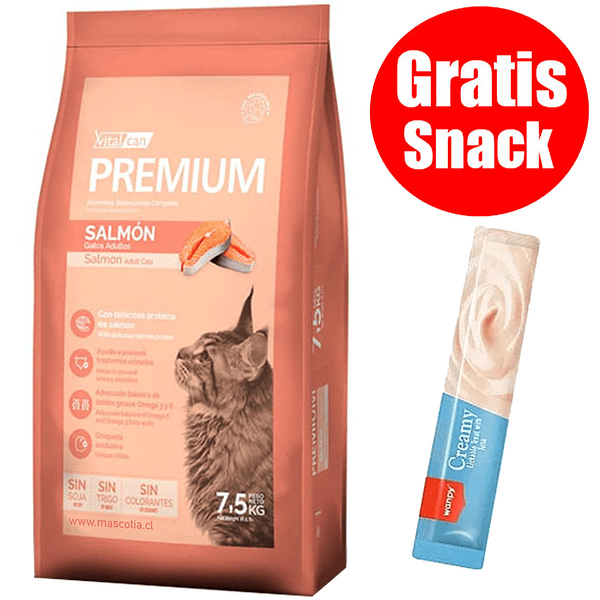 Gratis Snack + Vitalcan Premium Gato Adulto Salmón 7,5 Kg