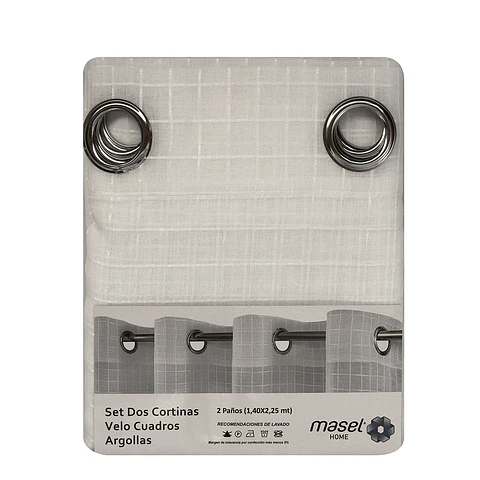 Set 2 Cortinas Velo Gasa Cuadros Blanco  140 x 225