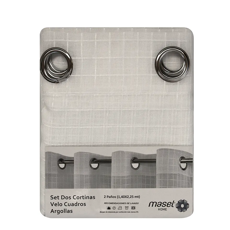 Set 2 Cortinas Velo Gasa Cuadros Blanco  140 x 225 2