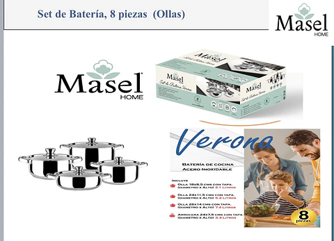 Batería de cocina  Verona 8 piezas Silver- Acero Inoxidable