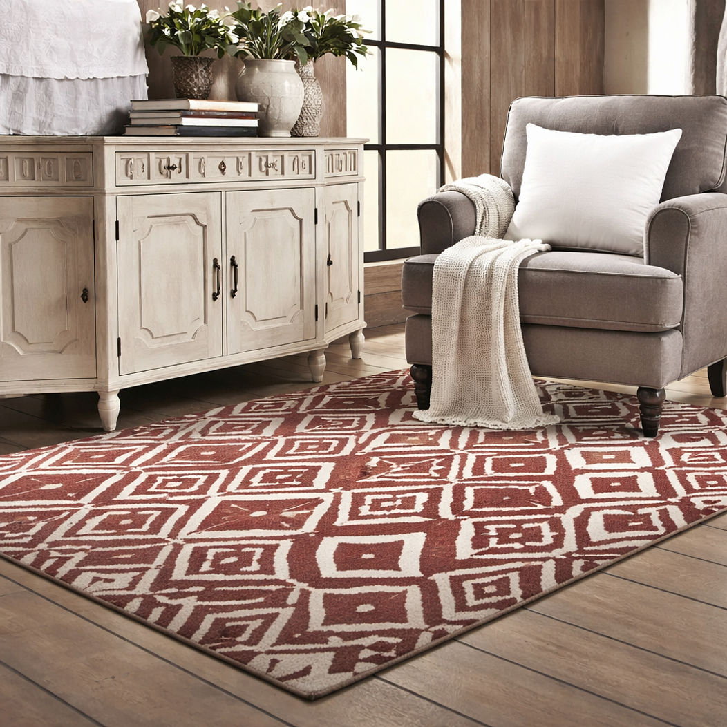 Set  Alfombra 160x230 Anat3  Rojo c/2 Cojines Felpa Ivory 1