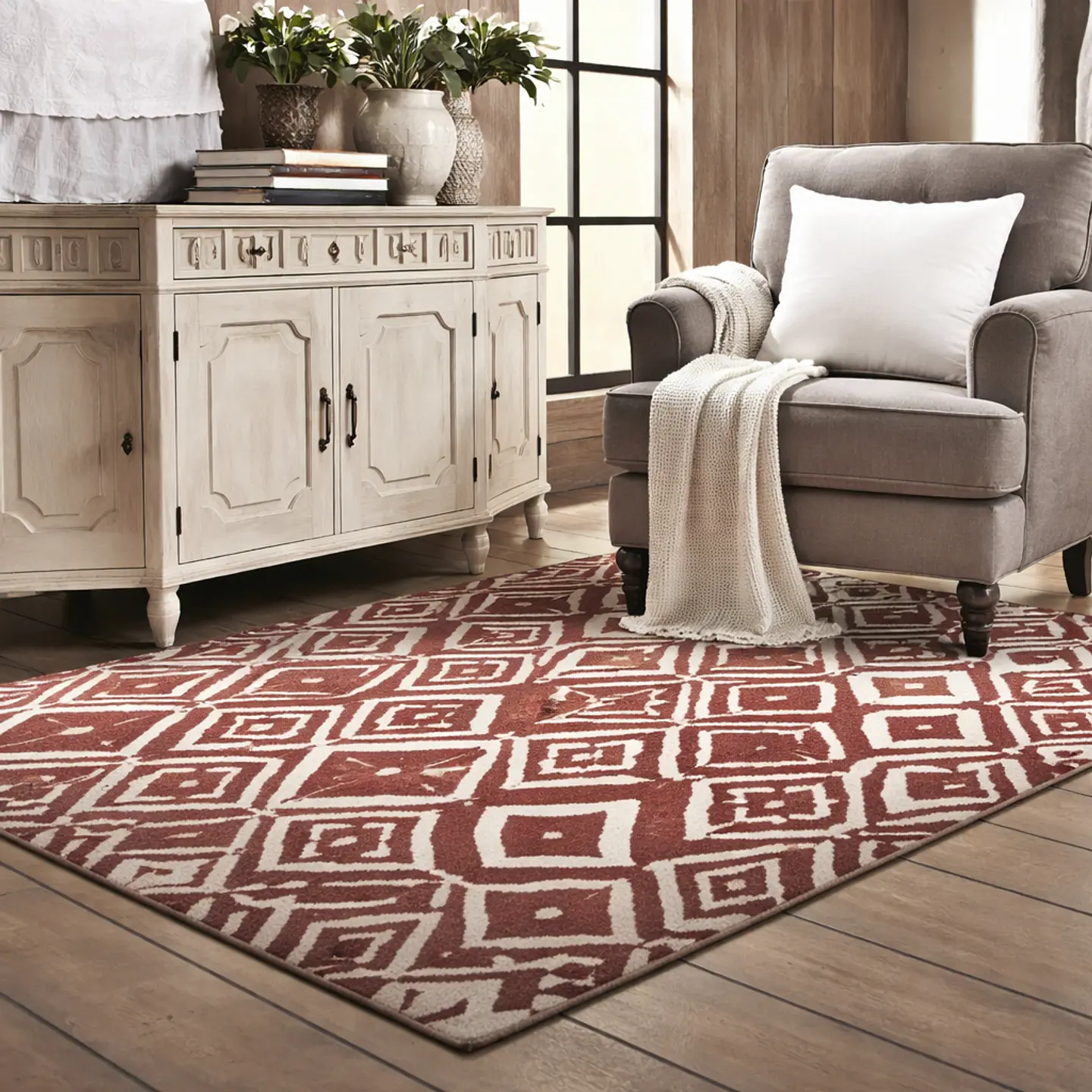 Set  Alfombra 160x230 Anat3  Rojo c/2 Cojines Felpa Ivory 1
