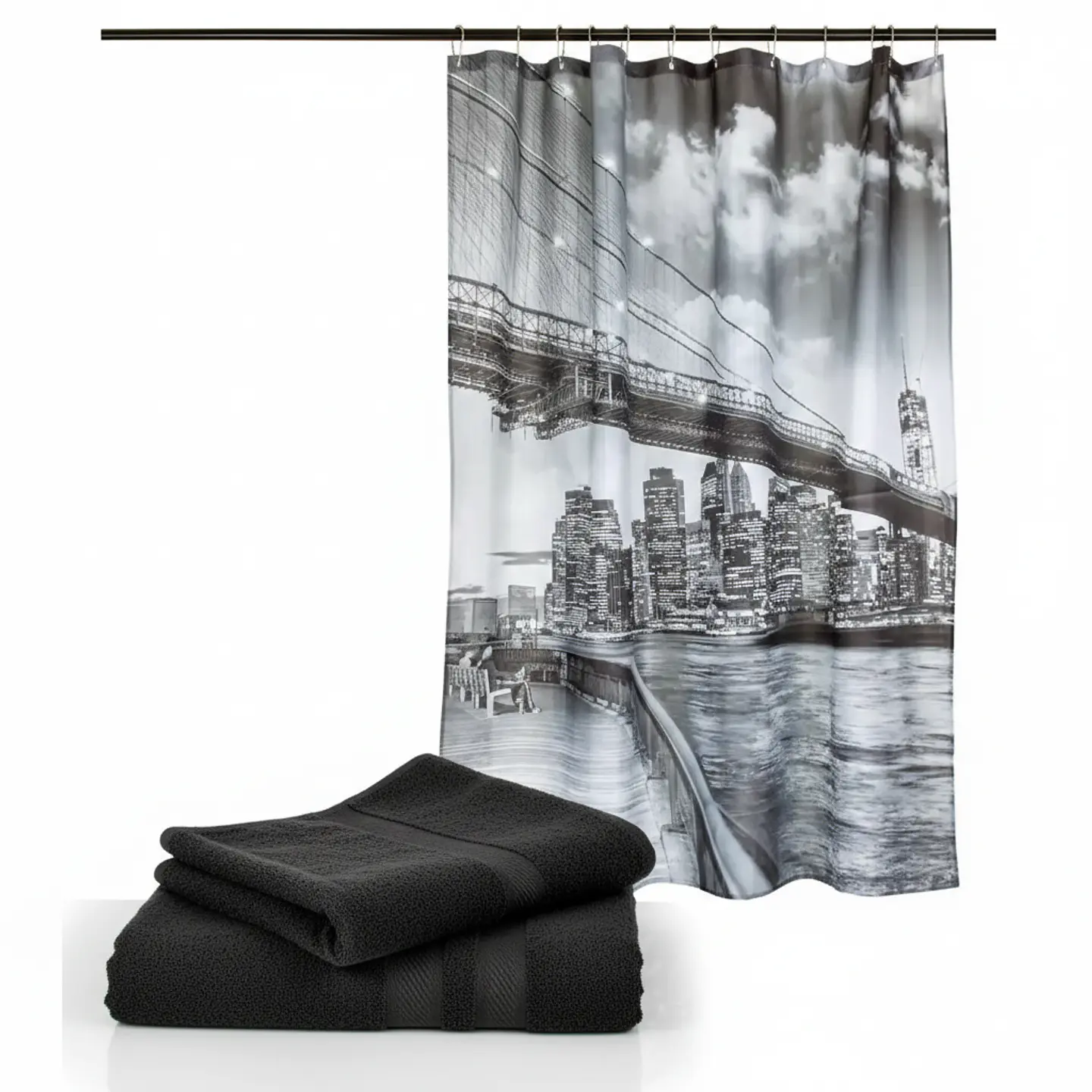 Set Cortina Baño Bridge Brooklyn con juego de Toallas Florentino negro 100% algodon 1