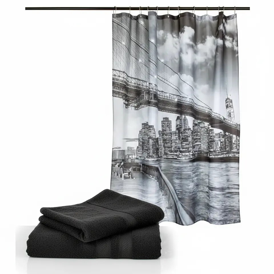 Set Cortina Baño Bridge Brooklyn con juego de Toallas Florentino negro 100% algodon 1