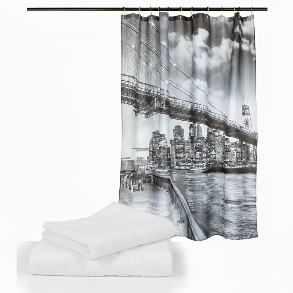 Set Cortina Baño Bridge Brooklyn con juego de Toallas Florentino blanca 100% algodon 1