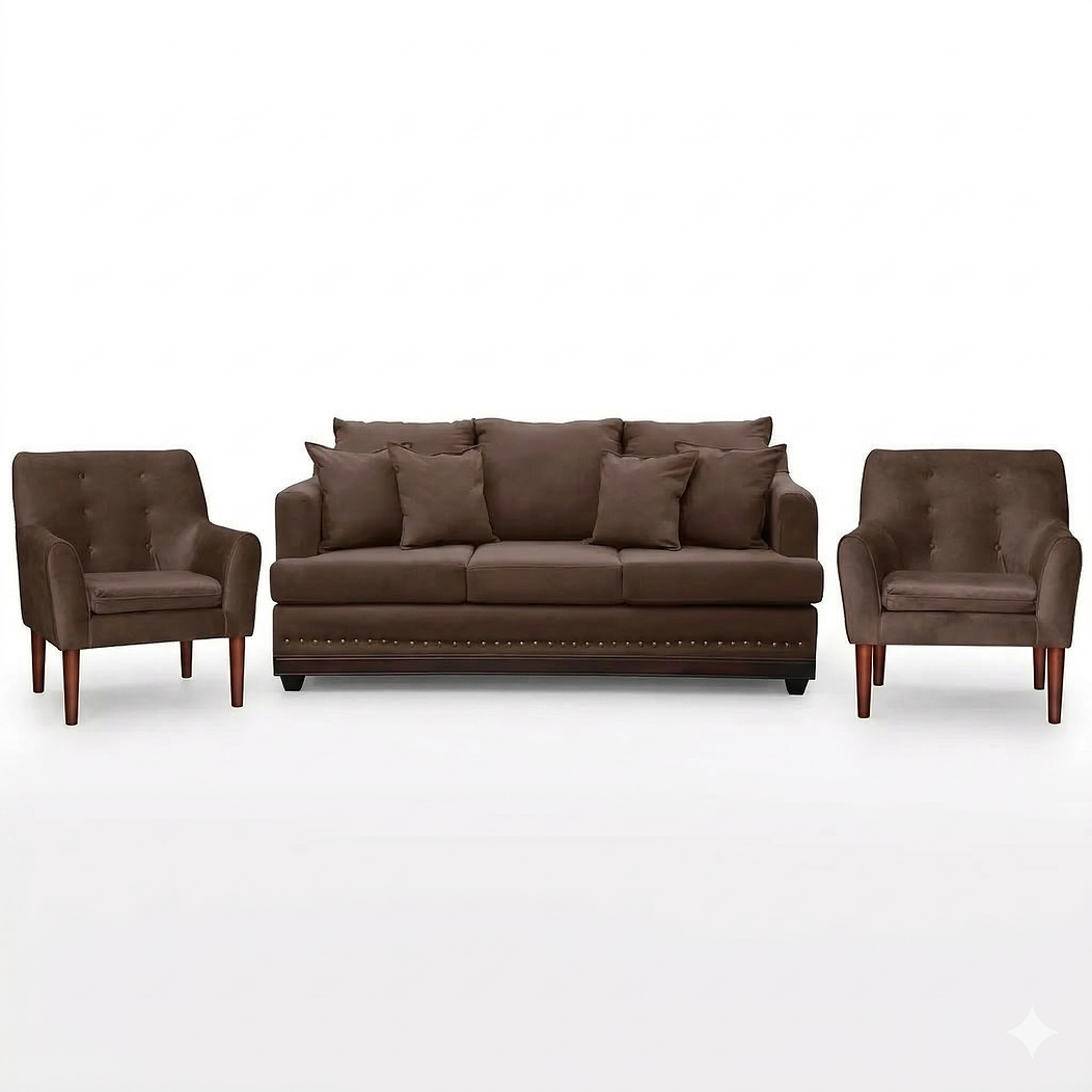 Set Sofa 3c Estambul tachas  Tela Chocolate + 2 poltronas Bergen Chocolate 1