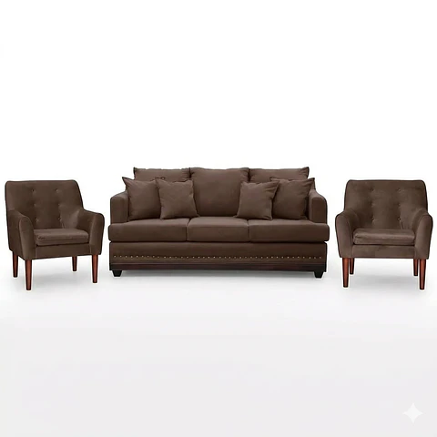 Set Sofa 3c Estambul tachas  Tela Chocolate + 2 poltronas Bergen Chocolate